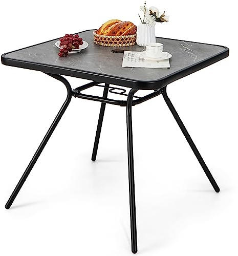 KOMFOTTEU Beistelltisch mit Schirmloch, Gartentisch 80x80cm für 4 Personen, Balkontisch mit Tischplatte aus Kunstmarmor, Bistrotisch bis 100 kg, Esstisch für Balkon, Terrasse, Garten
