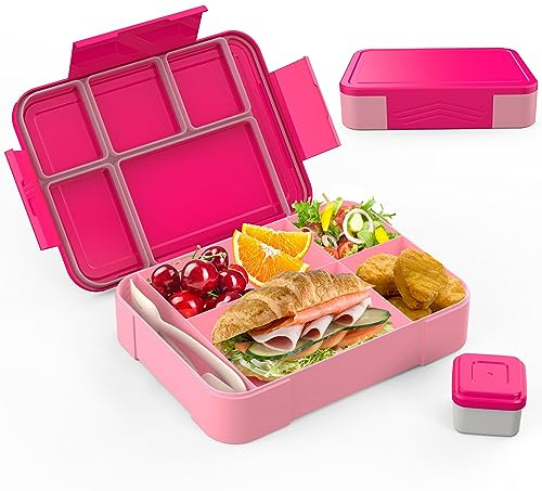 Brotdose Kinder mit Fächern, 1300ml Auslaufsichere Bento mit 5 Fächern | Bento Box Besteckset, Auslaufsichere Lunch Box für Kindergarten, Schule, Picknick, Ausflug (Rosa)