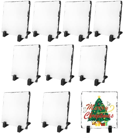 YOUKE OLA 10 Pack Sublimation Slate Blanks with Display Holder, Square Shaped Plaque Rock Stone Customized Picture Memorial Stone Frame, Personalized Photo Gifts for Heat Transfer 6x6 Inch