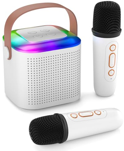 Mini Karaoke Machine for Kids, Portable Bluetooth Karaoke Speaker with 2 Wireless Microphones for Kids Teens, Age 3-12 Years Old for Home Party and Birthday Gifts (white)