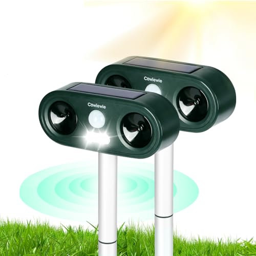 Cowiewie Répulsif Animaux (2 Pièces) Répulsif Chat Power Batterie Répulsif Animaux Ultrasons Étanche Répulsif Chat Solaire pour Jardin Répulsif Ultrasons