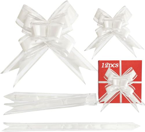 PAPU 12 Stück Geschenk Schleife mit Geschenkband Glänzend Große & Mittlere Geschenkschleifen Geschenkband Ziehschleife für Geschenke Tüten Zuckertüten Dekorieren Verzieren Weihnachten(Weiß)