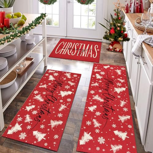 Bsmathom Weihnachtliche Küchenteppiche, 3er-Set, Weihnachtsbäume, Frohe Weihnachten, rutschfest, waschbar, Küchenläufer, Teppich, rutschfest, für Flur, Waschküche, Zuhause, Bodendekorationen