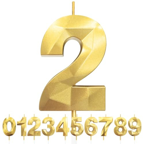 Geburtstagskerzen Zahlen 2, 5cm 3D Gold Geburtstagskerzen, Kerzen Geburtstag, Zahlenförmige Kerze, Tortendeko Geburtstag für Geburtstag Party, Hochzeiten, Jubiläen, Birthday Candle Nummer 2