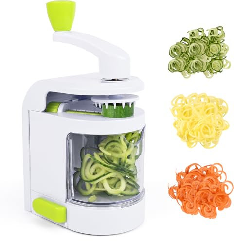 Gaethra Spiralizzatore per verdure 4 in 1 per spaghetti di zucchine con contenitore di raccolta, senza BPA, tagliaverdure per carote, cetrioli, zucche, zucchine, cipolle