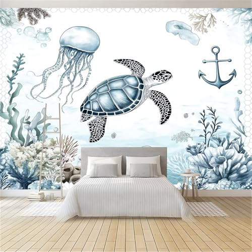 Papier Peint Intissé Aquarelle Monde Sous-Marin Tortues De Mer Méduses 350 x 256 cm Papier Peint Photo Panoramique, Poster Geant Mural Personnalisé 3D, pour Salon Chambre Adulte Enfant Décor Murale