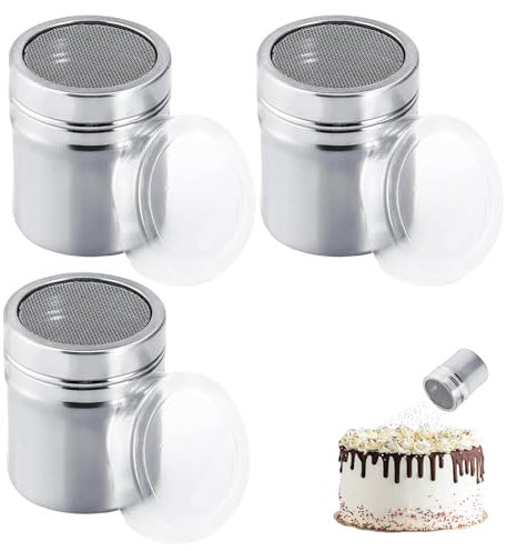 3Pcs Flour Shaker for Baking,Icing Sugar Shaker Duster Stainless Steel with Cover,Chocolate Shaker for Cappuccino Easy to Clean,Chocolate Powder Shaker Suitable for Kitchen Drinks Baking