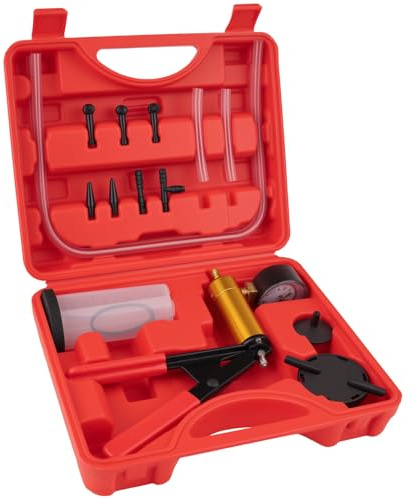 Gickbusus Brake Bleeder Vacuum Pump Kit – Hand Vacuum Pump with Gauge Adapters, Automotive Brake Fluid Bleeder Kit for Car, Motorcycle, and Truck in Compact Red Case