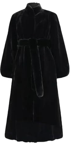 Damen-Wintermantel mit Gürtel, A-Linie, lang, flauschig, warm, weicher Kunstpelz, Schwarz , 4XL