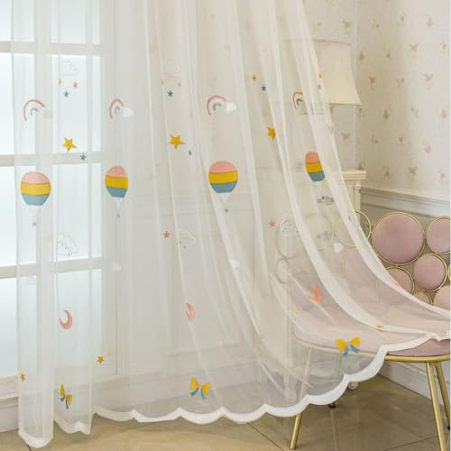 Lsimeru Kindervorhang Mädchen Transparent Kurz Regenbogen Ballon Sterne Mond Gardinen Vorhäng Durchsichtig Weiß Muster 2er Set Ösen Ösenschal für Kinderzimmer Babyzimmer