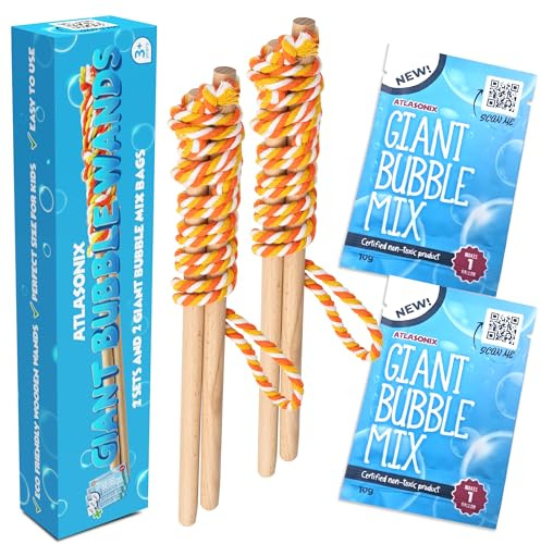 Giant Bubble Wand, Big Bubble Wand, Huge Rope, 2 Pack Giant Bubble Wooden Wands & 256 Ounces Bubble Mix Concentrate Refill, Party Outdoor Summer Toys Activities for Kids Boys and Girls Kit