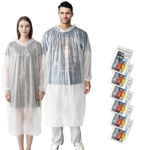adult Waterproof rain Poncho Raincoats for Outdoor Concert, Camping, Theme Park, Hiking - Clear, 6 Pack