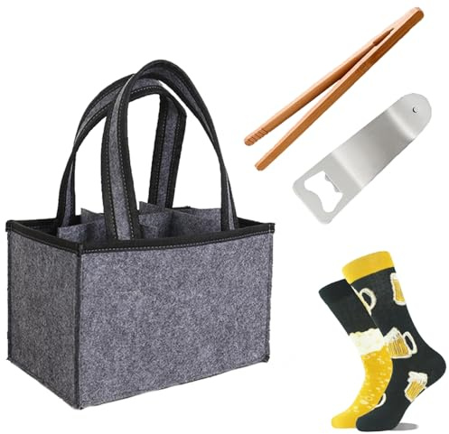 LIMEOW 4 Stück Geschenke für Männer, Männerhandtasche, Herrenhandtasche, Flaschentasche, Geschenke für Männer Mit Einem Paar Bier Socken,Einem Flaschenöffner und 1 Grillclip für Alle Arten von Partys