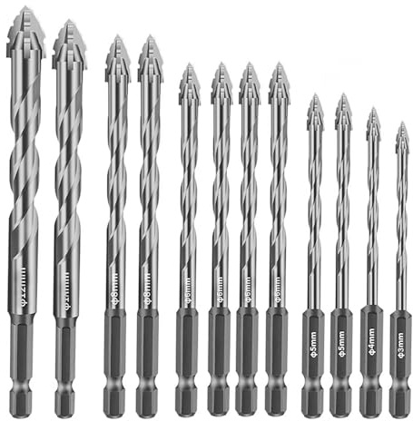 Exzenterbohrer Set 12-tlg, Sägezahnbohrer mit 4 Schneiden, Vierschneidiger Gezackter Bohrer mit 1/4 Sechskantschaft, Hochharte Multifunktionsbohrer für Glas, Keramik, Holz & Metall (3–12 mm) (Silber)