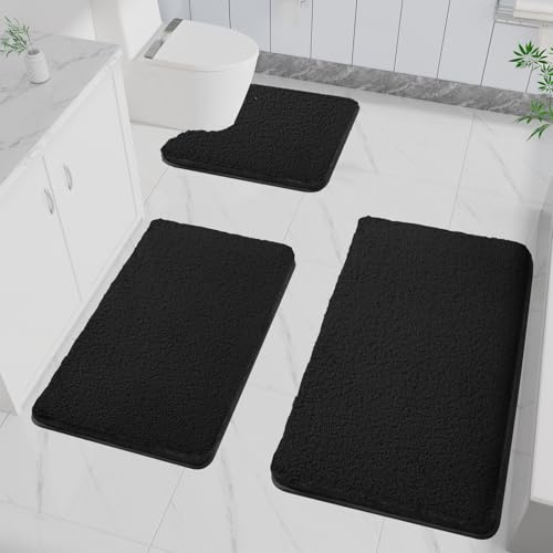 LUOJINYI Lot de 3 tapis de bain antidérapants, doux, absorbant, en microfibre, lavables en machine, pour baignoire, douche et salle de bain (noir)