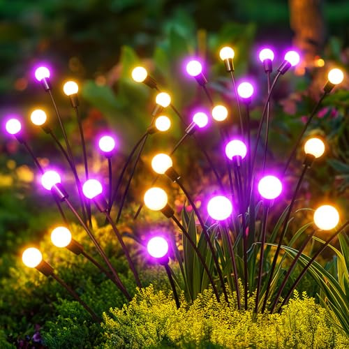 GEARLITE Firefly Halloween Solarlampen für Außen Garten 4 Stück, 32LED Superhelle 2 Lichtmodi Glühwürmchen Solarleuchten für Außen mit Warmweißem Licht IP65 Wasserdicht Schwingende Garten Deko