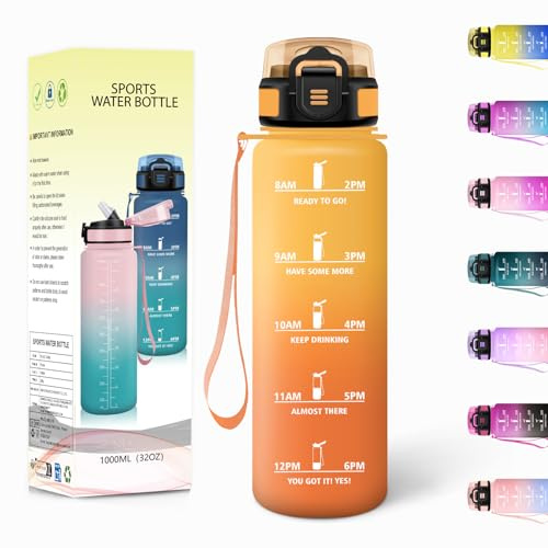 Borraccia, 1000ML Con Paglia, Borraccia Palestra Senza BPA, Borracce con Cannuccia, Bottiglia d'acqua Motivazionale con Indicatore del Tempo, Bottiglia Acqua per Palestra, campeggio - Giallo&Arancione