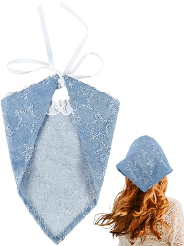 CABODYALS Foulard à Motif Étoile Bleue Petit Bandeau Triangulaire Couvre Cheveux avec Bord Plissé à Volants Bandana à Lacets pour Femmes Accessoires de Costume de Vacances Décoration de Style