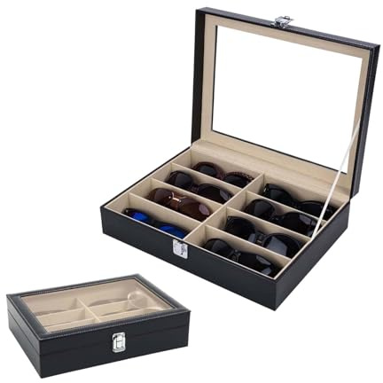 Organizador de gafas de sol,Estuche para gafas,Soporte para gafas de sol de 8 ranuras,Caja de cuero para gafas,Exhibidor de gafas de sol, 8 compartimentos,expositor de gafas de sol con tapa de cristal
