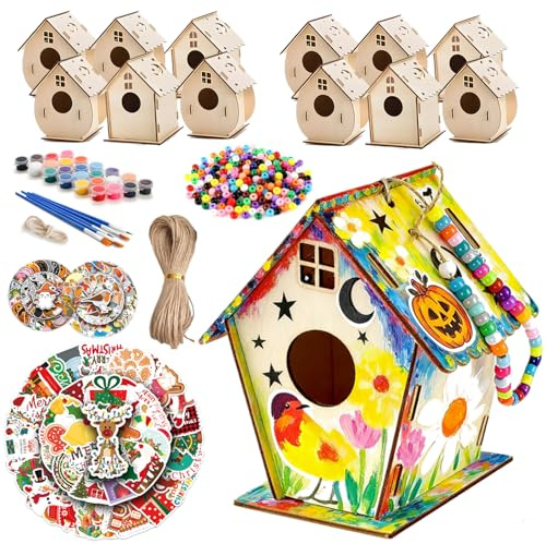 AlloCavi 12 Pack Deluxe DIY Birdhouse Kits for Kids 4-8 8-12, Wood Building Birdhouse Craft Art Painting Kits for Adult to Build, with Halloween Christmas Stickers and Beads for Yard Tree Decor
