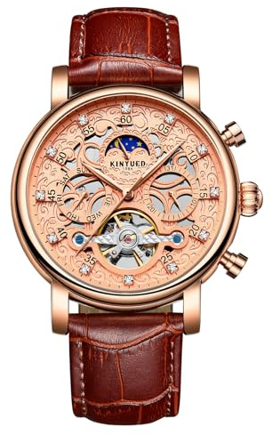 W WOLF-CUB Tourbillon herrklockor automatisk mekanisk affärsarmbandsur vattentät läderrem klocka för man skelett kalender månfas Reloj Hombre, brun&roséguld, Företag
