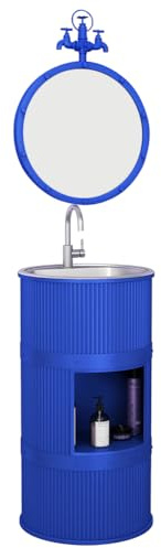 Fregadero de baño independiente moderno – Fregadero de pedestal de hierro azul de estilo industrial con mueble de tocador cilíndrico de almacenamiento y lavabo incluye diseño de espejo