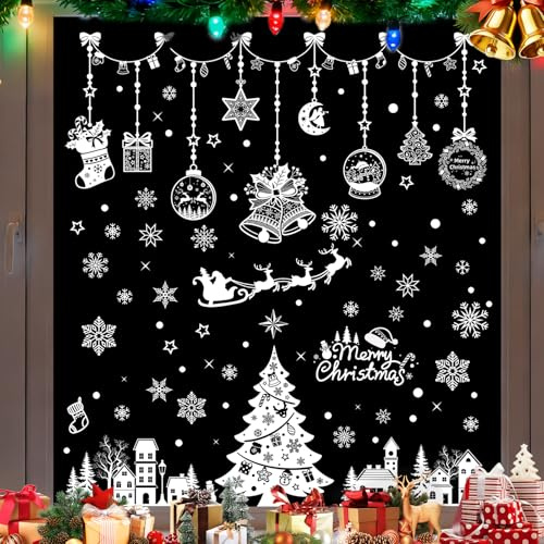 BEIUEN Fensterbilder Weihnachten 196 Stück Selbstklebende statische PVC Aufkleber mit Schneeflocken, Glocken, Baum Wiederverwendbare Fensterfolie für Kinderzimmer, Wohnzimmer, Schaufenster