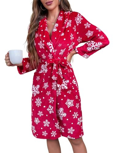 Generisch Peignoir pour femme - Motif de Noël moelleux - Peignoir de sauna - Vêtement de maison - Flocon de neige - Vêtement de nuit douillet - Kimono - Peignoir de bain, rouge, M