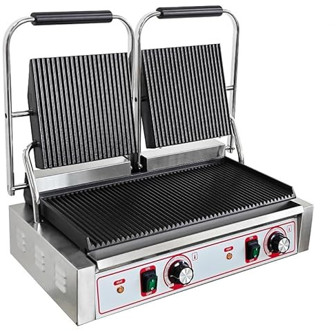 Commercial Twin Contact Grill Panini Press, Double-Sided Electric Grill | 3.6kW, Stainless Steel, Ribbed Plates
