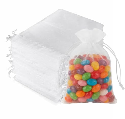 Pynzeka Set med 100 vita organzapåsar, 10 x 15 cm, presentpåse för smycken, bröllop, födelsedag, julförpackning, presentförpackning
