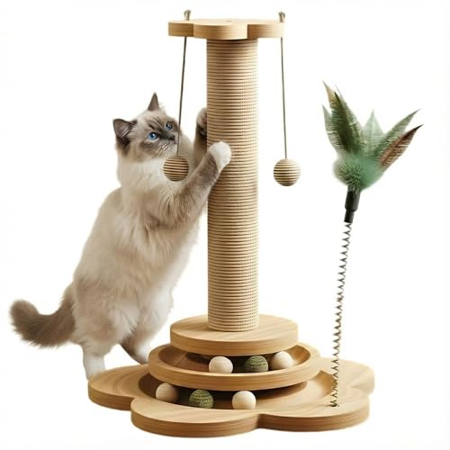 Cat Scratching Post for Indoor Cats, 4-in-1 Multifunctional Kitten Scratcher Post with Sisal Rope, Interactive Track Ball & Feather Toys, Sturdy Wooden Base, 28 * 46cm Cat Scratching Pole