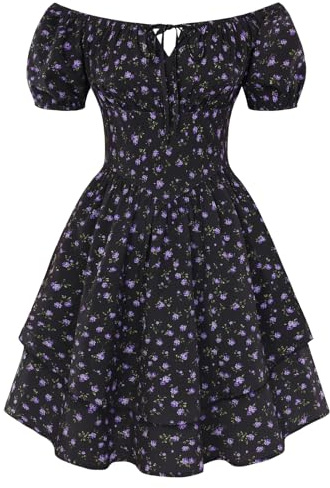SCARLET DARKNESS Vestito Abito Corto Donna Rinascimentale Maniche Corte Palloncino Floreale Nero Fiori Viola M