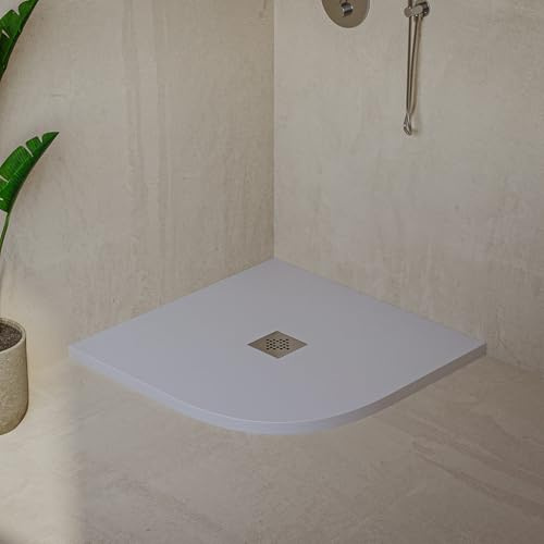 Piatto Doccia Semicircolare SOULHOME Resina e Carica Minerale Antiscivolo 80x80 cm Bianco - Griglia Inox