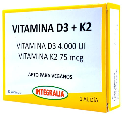 Integralia Vitamina D3 y K2 (4000 UI) 30 Cápsulas Vegetales - Fórmula Vegana Extraída de Liquen - Refuerzo Inmunitario, Salud Ósea y Cardiovascular - Máxima Absorción de Calcio