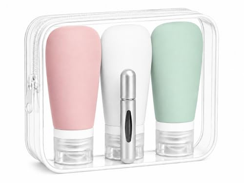 Botes De Viaje Rellenables 90ml + Porta Perfume Recargable 5ml Kit Viaje Avion Neceser Transparente Viaje Avion Neceser Viaje Mujer Travel Bottles Botes Gel Champu Accesorios Viaje