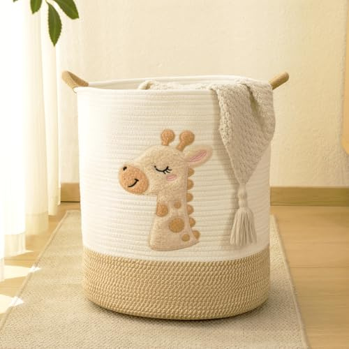Aufbewahrungskorb Geflochten Groß für Kinder, Baby Wäschekorb Kinderzimmer Wäschesammler Stoff, Spielzeugkörbe aus Baumwollseil Wäschekorb Geflochten rund mit Giraffenstickerei für Kinderzimmer Deko