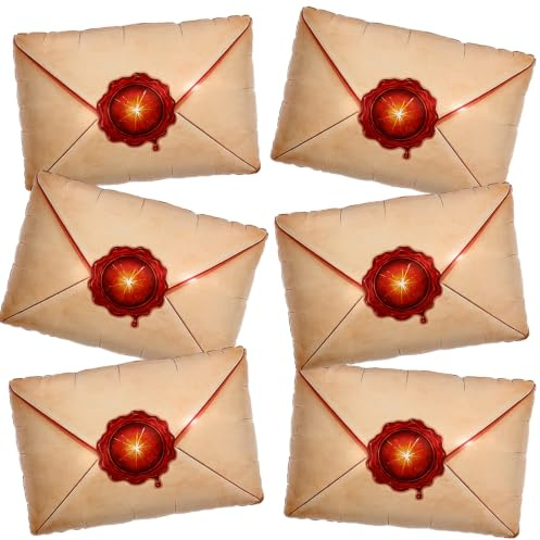 Vintage Envelope Balloons 6 Pack Foil Letter Balloons with Red Wax Seal Design, Magical Party Decorations for Birthday Classroom Halloween Enchanted Theme Party Supplies