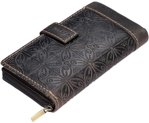 STILORD Greta Vintage Damen Geldbörse Leder Portemonnaie Blumen Muster Große Geldbörse Lianen Gross Quer 13x EC-Karten und Kleingeld aus Rindsleder Farbe:Sepia - braun