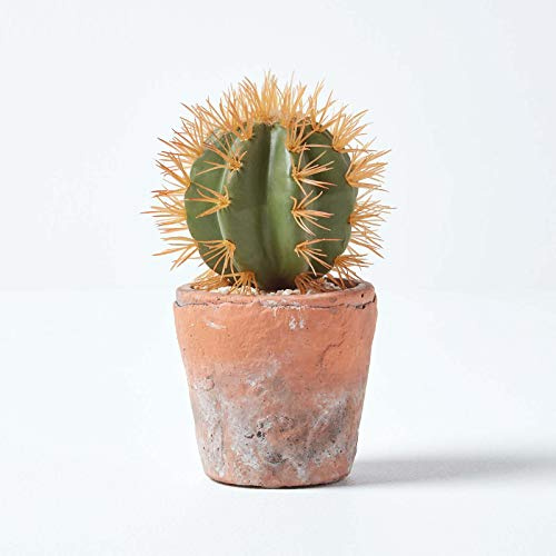 HOMESCAPES Petit Cactus Artificiel Rond Orange en Pot en Terracotta, 15 cm