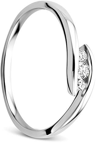 Orovi anello da donna in oro bianco da 0,10 ct, con diamante trilogy da 9 carati (375) e brillanti, diamante
