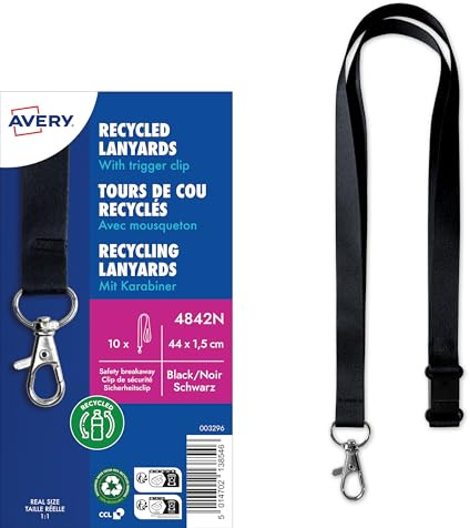 AVERY Zweckform 4842N Lanyard 10 Stück (44x1,5cm, Kartenhalter mit Karabinerhaken, Sicherheitsverschluss, Schlüsselband für Ausweishülle, Kartenhülle, Namenschilder, Umhängeband, Nackenband) schwarz