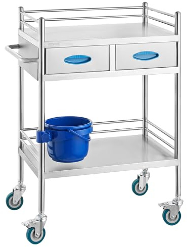 VEVOR Chariot de Laboratoire INOX, Service Table Roulante Desserte 2 Plateaux 2 étages 2 Tiroirs en Acier Inoxydable, Omnidirectionnel Dentaire Salon de Beauté Centre de Recherche Hôpitaux