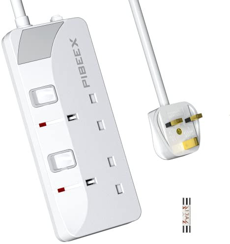 PIBEEX Extension Lead 2 Way Plug Sockets with Individual Switches Wall Mountable Power Strip 3M Extension Cable 13A Fused UK Plug 3250W