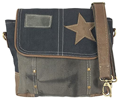 Sunsa Damen Umhängetasche, Vintage Crossbody Bag, Messenger Tasche Schwarz | Retro Crossover , Canvas/ Leder Schultertasche, Unisex Handtasche, Leinwand mit Stern Design & abnhmebare verstellbare Henkel