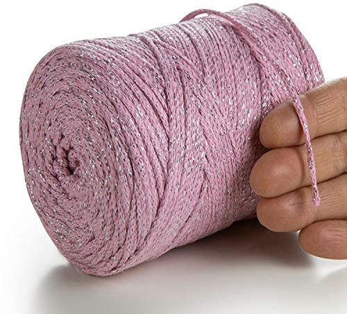 MeriWoolArt® Metallische Makramee Garn 2mm x 225m Farbig für Schnur Schmuckherstellung, Makramee Accessoires Schmuck - Boho Makramee Seil Garn - Glanz Lurex Recyceltes Baumwollgarn (Lurex Rosa)