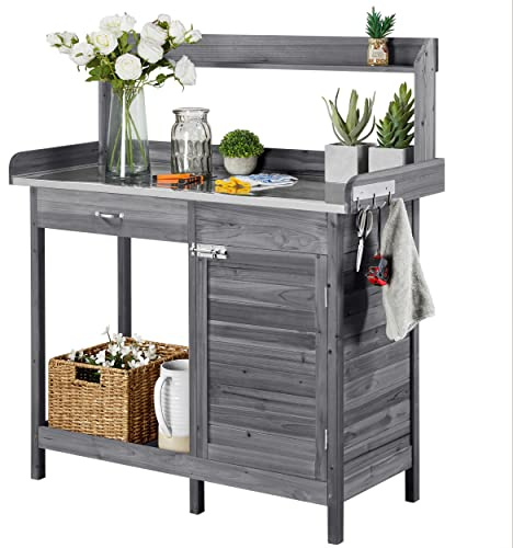 Yaheetech Table de Rempotage Table Jardinage avec Tiroirs Crochet et Armoires de Rangement Surface Métallique Galvanisé pour Balcon/Terrace/Jardin Gris