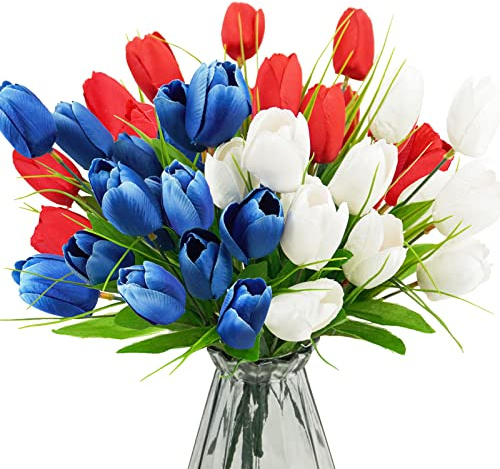 obbsie Bouquet de tulipes artificielles patriotiques de 33 cm, rouge, blanc et bleu, bouquet de tulipes commémoratives du 4 juillet, arrangements floraux pour vase funéraire, décoration de fête
