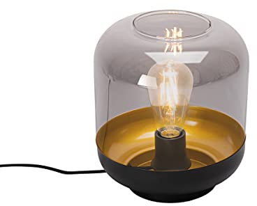 Qazqa Design Tischleuchte mit Glas, Tischlampe - Kyan - Schwarz mit Rauchglas, Rund, max. 40W, Geeignet für LED, 23.5cm, Ideal als Flur, Schlafzimmerlampe, Küche lampe, Wohnzimmerlampe und