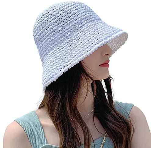 Damen Strohhut Sonnenhut Gewebter Fischerhut Strandhut Faltbare Kappe Einfarbig Stroh Strandhut Sommer, Weiss/opulenter Garten, Einheitsgröße
