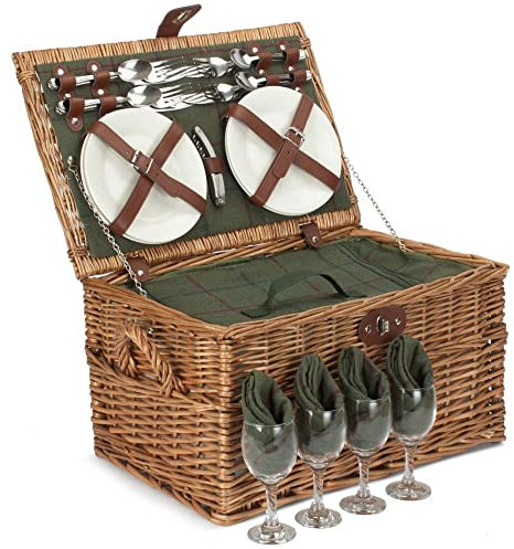 Red Hamper FH138 Weidenkorb für Vier Personen, grüner Tweed, Picknickkorb